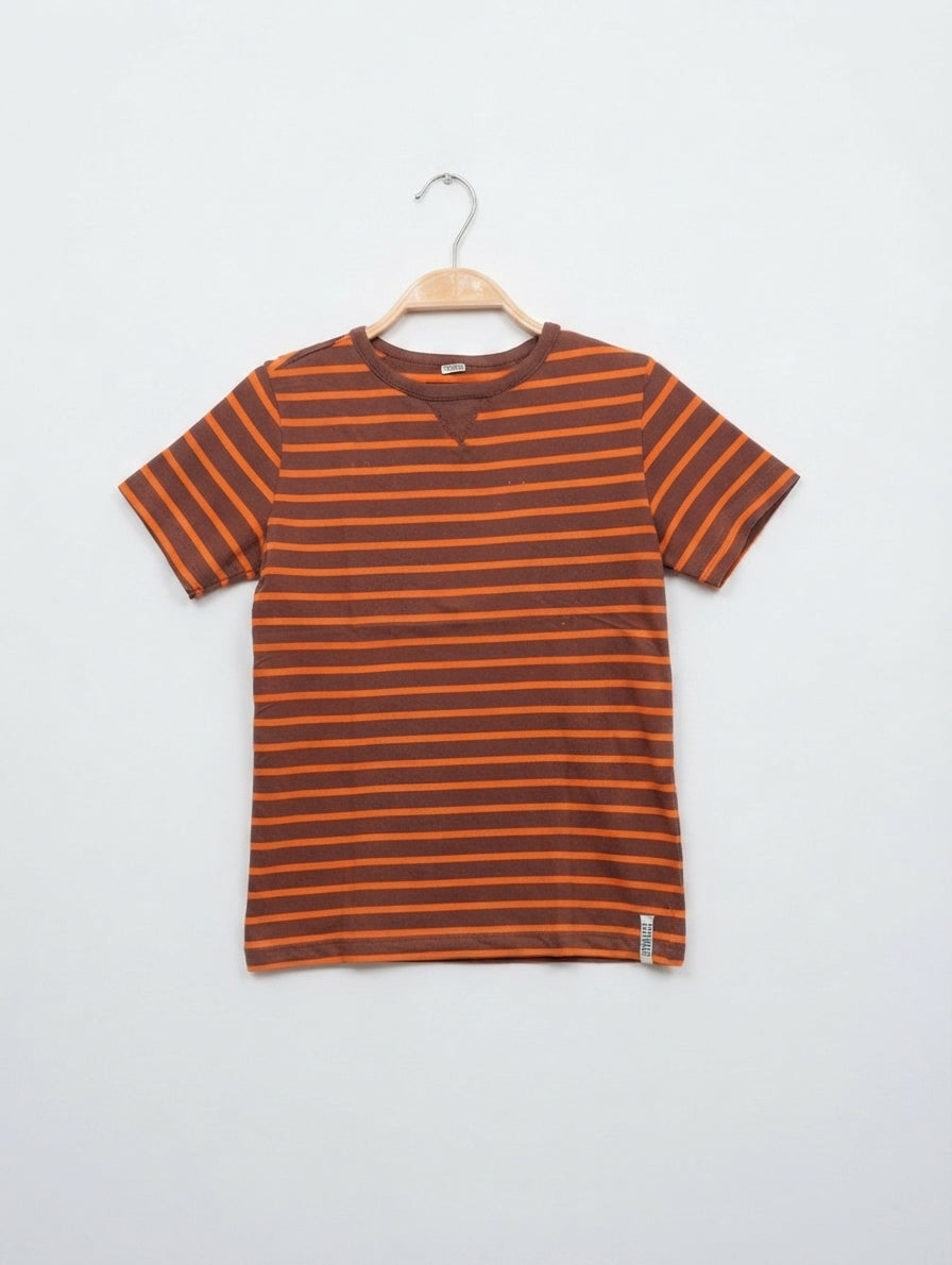 Boys Brown and Orange Horizontal Striped Short Sleeve Tee - Size Estimated Age 7-8 Years AB2