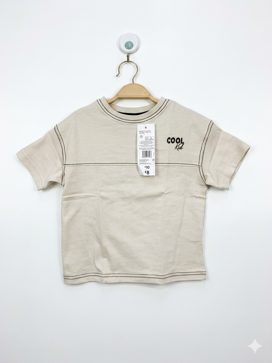 F&F Baby Boys Beige "Cool Kid" Contrast Stitch Cotton T-Shirt - Size 18-24 Months AB1