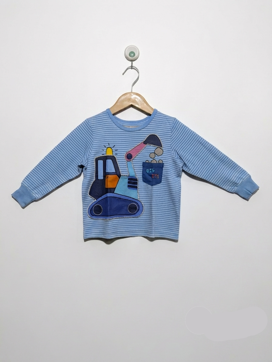 Matalan Boys Blue Striped "Dig It" Construction Truck Long Sleeve Tee - Size Estimated Age 2-3 Years AB2
