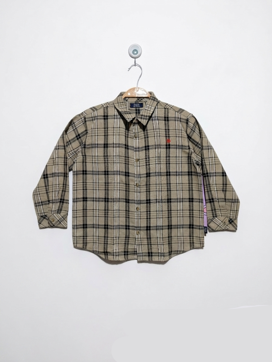 Polo British Country Spirit Boys Beige Checkered Long-Sleeve Shirt - Size Estimated Age 8-9 Years AB2