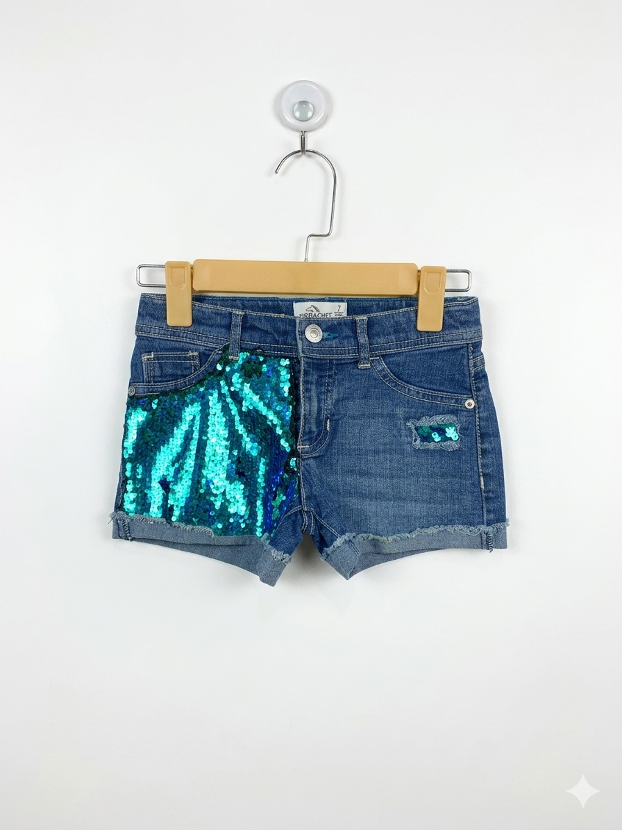 Jordache Girls Medium Wash Turquoise Sequin Denim Shorts - Size Estimated Age 7 Years AB1
