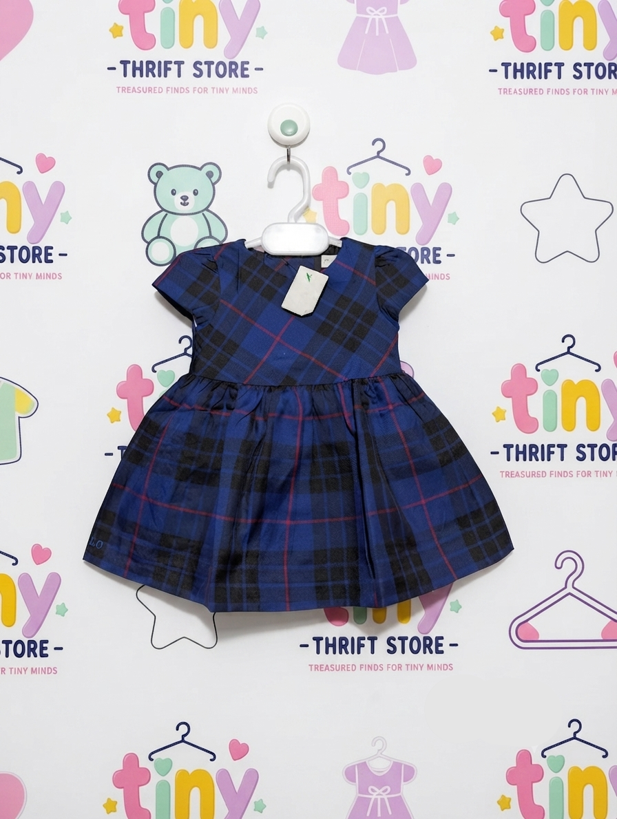 Ralph Lauren Baby Girls Blue & Black Tartan Plaid Dress - Size Estimated Age 3 Months AB2