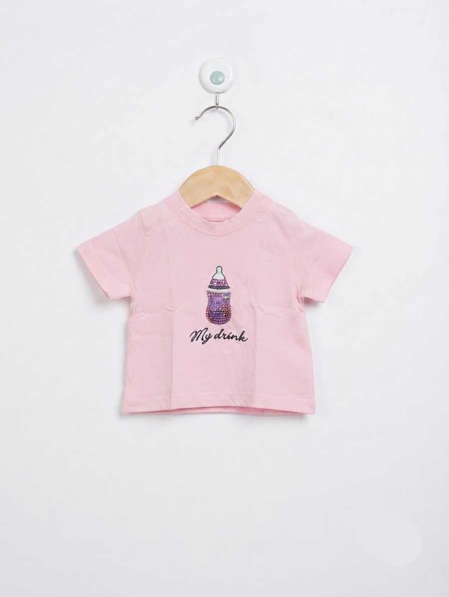 Blukids Baby Girls Pink "My Drink" Sparkle Graphic Tee - Size Estimated Age 3-6 Months AB2