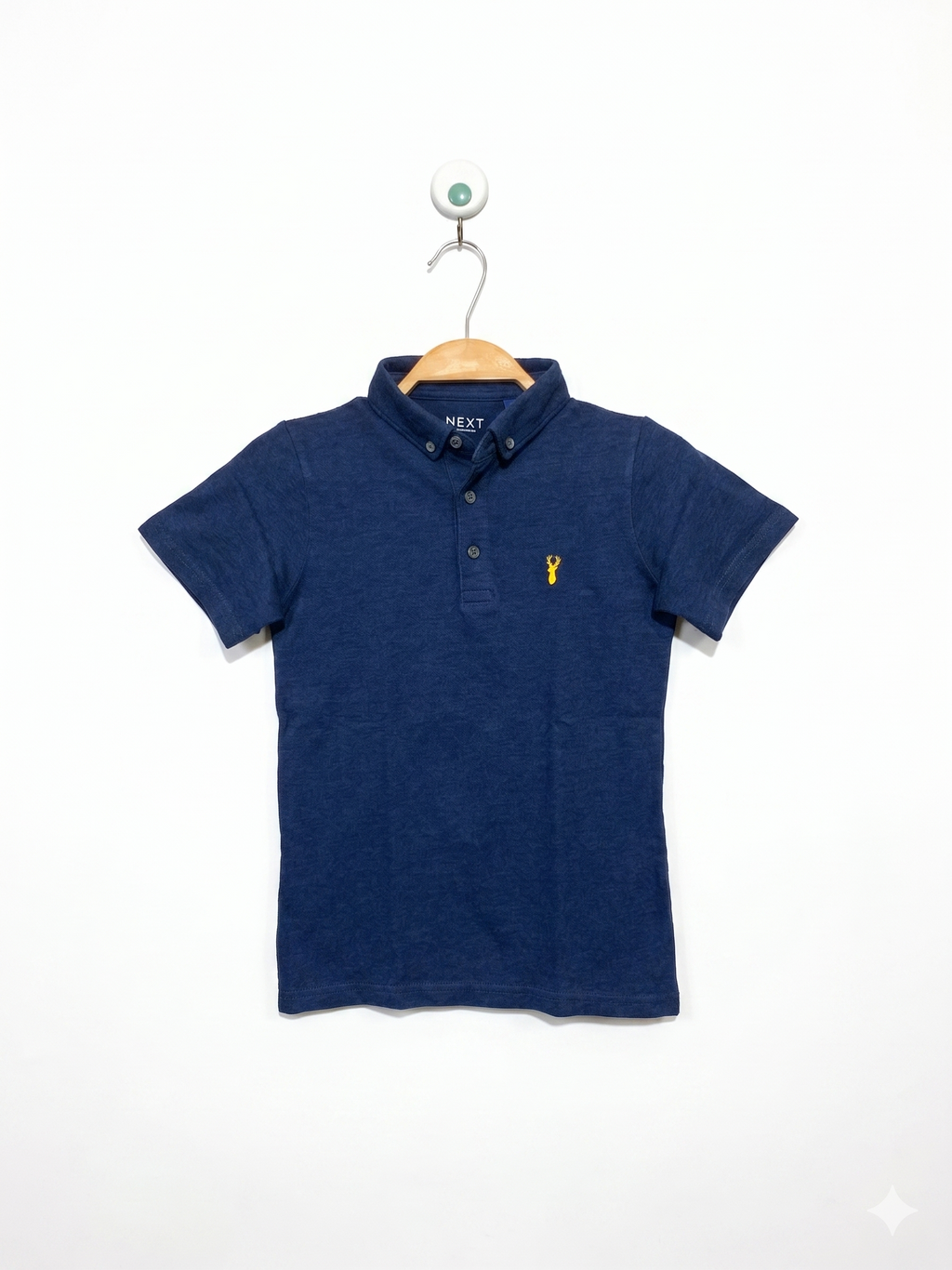 Next Boys Navy Blue Pique Polo Shirt with Yellow Stag Embroidery - Size Estimated Age 6 Years AB1
