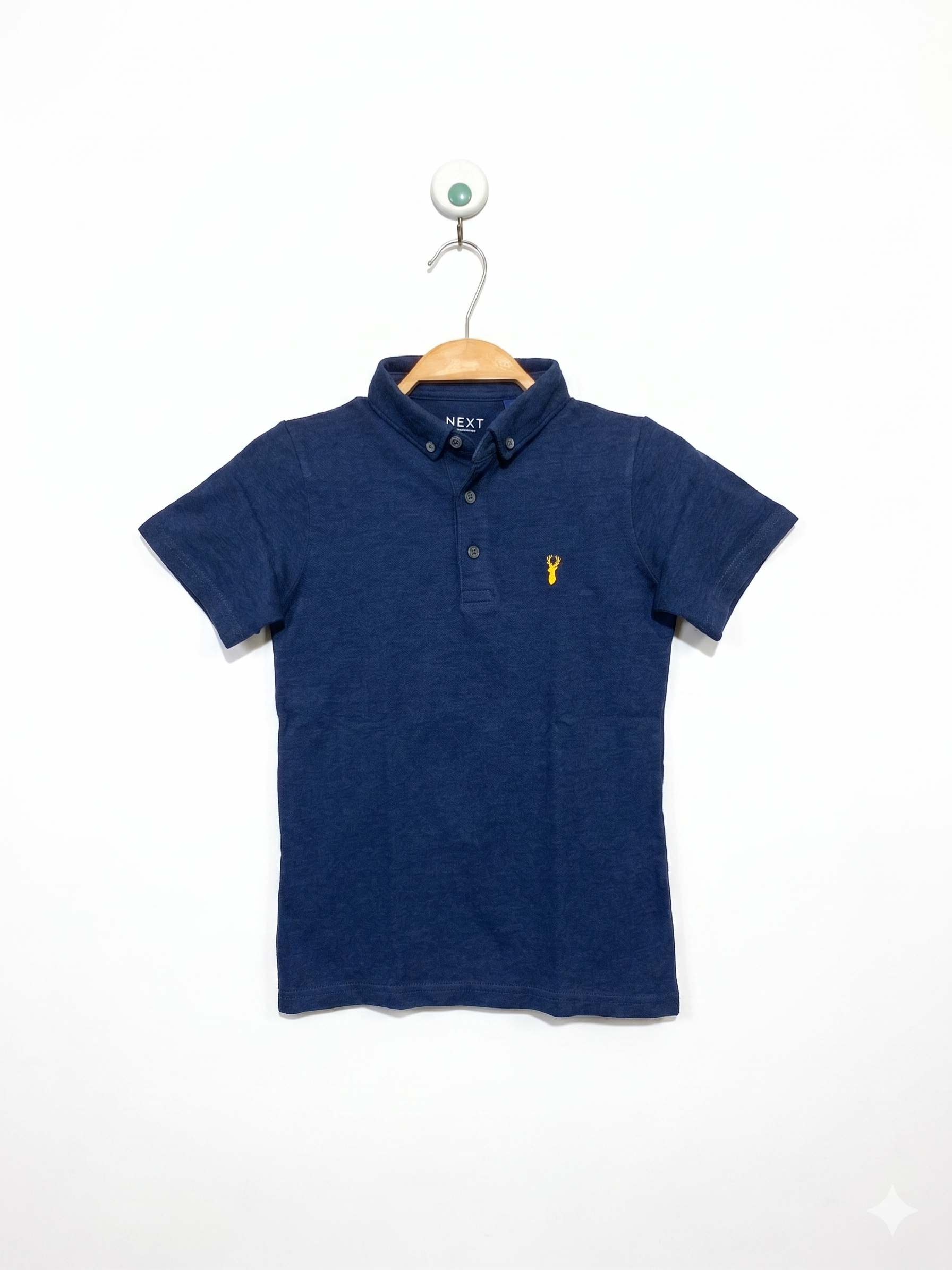 Next Boys Navy Blue Pique Polo Shirt with Yellow Stag Embroidery - Size Estimated Age 6 Years AB1
