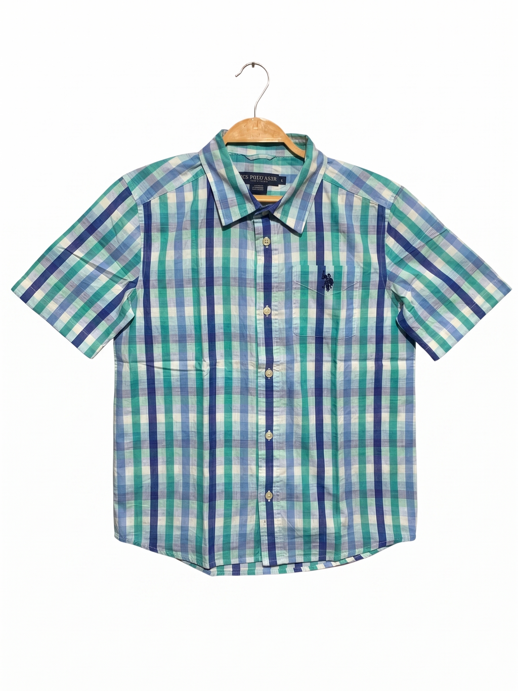 U.S. Polo Assn. Boys Turquoise & Blue Plaid Short Sleeve Button-Down - Size L (10-12) AB1