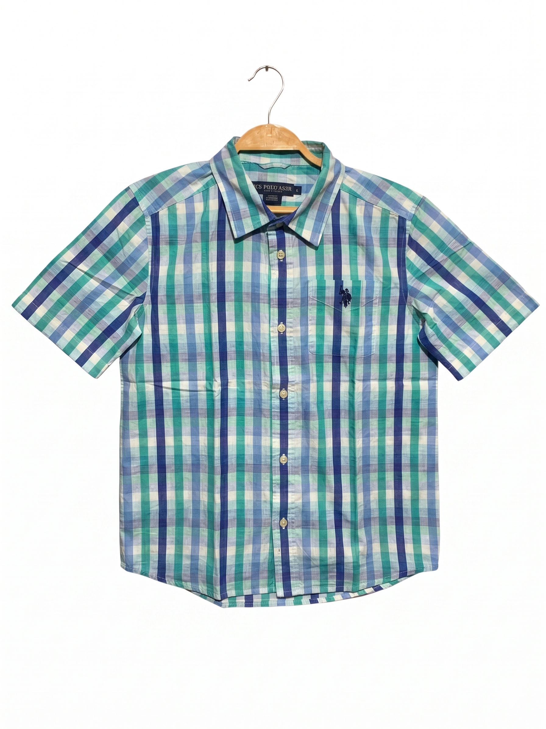U.S. Polo Assn. Boys Turquoise & Blue Plaid Short Sleeve Button-Down - Size L (10-12) AB1