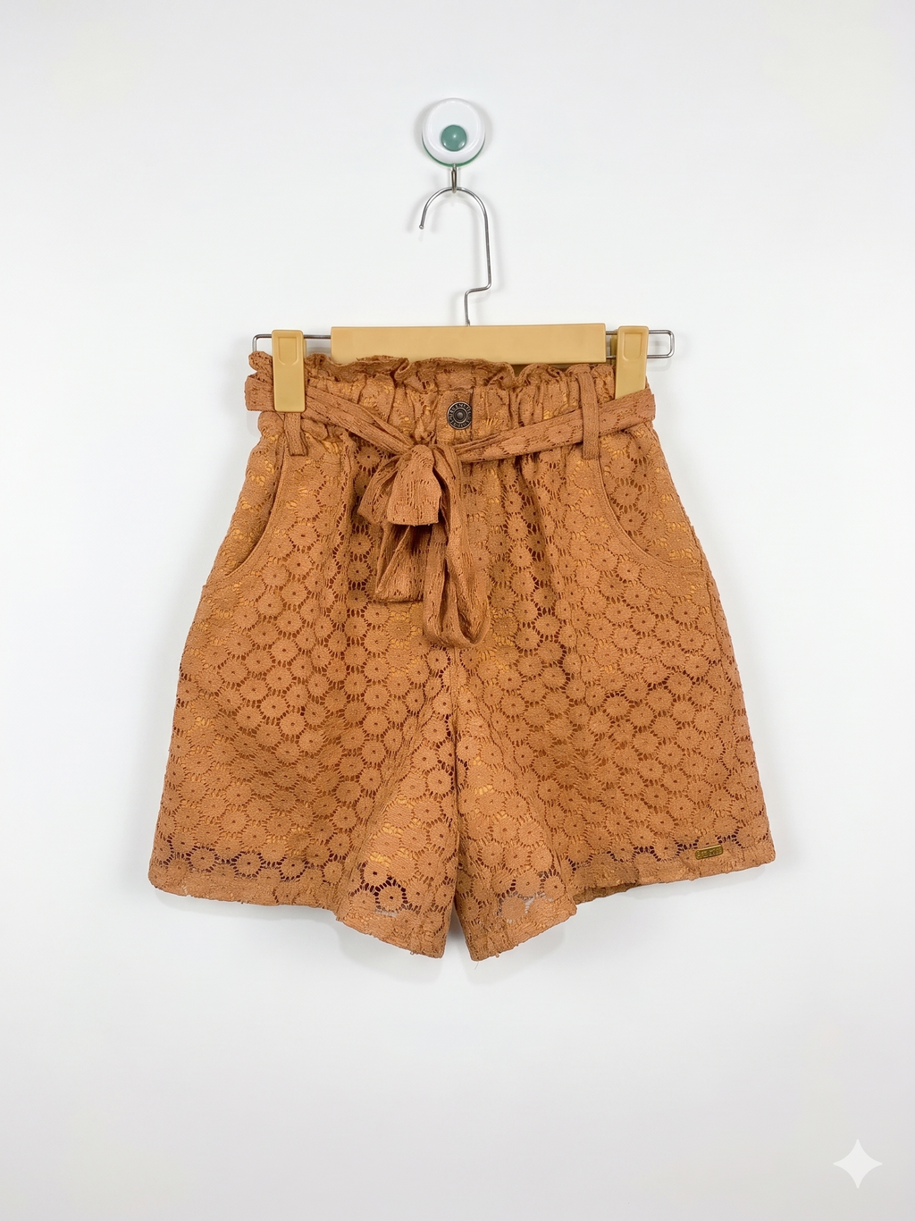 Ank Girls Mustard Yellow Floral Lace Paperbag Shorts with Matching Tie Belt - Size Estimated Age 10 Years AB1