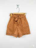 Ank Girls Mustard Yellow Floral Lace Paperbag Shorts with Matching Tie Belt - Size Estimated Age 10 Years AB1