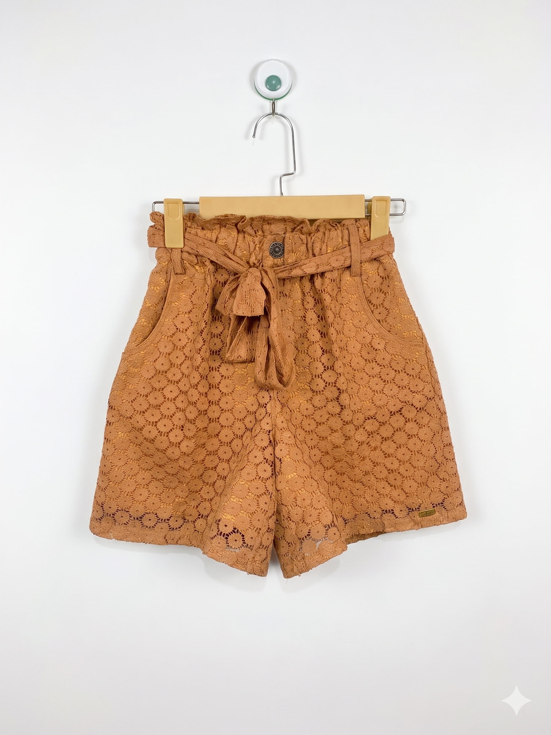 Ank Girls Mustard Yellow Floral Lace Paperbag Shorts with Matching Tie Belt - Size Estimated Age 10 Years AB1