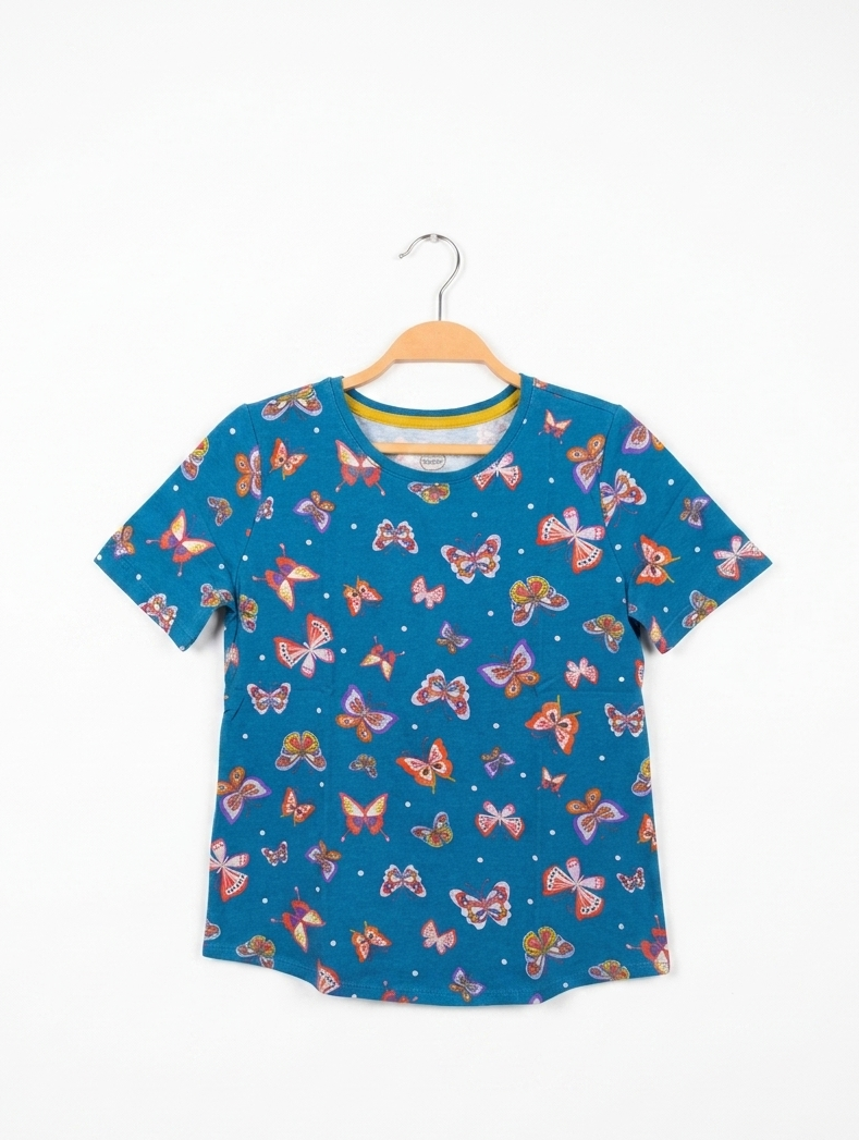 Wonder Nation Girls Teal "Colorful Butterfly" Print Short Sleeve Tee - Size L/G (10-12) Estimated Age 10-12 Years AB2