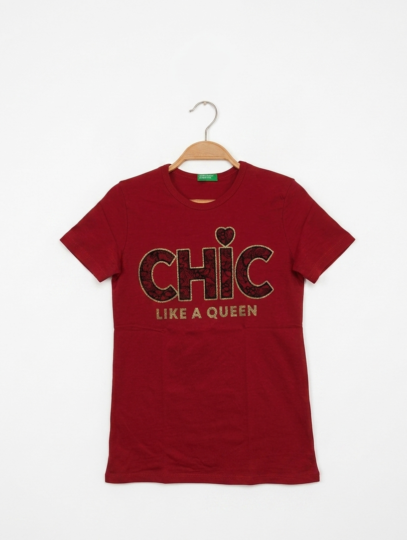 United Colors of Benetton Girls Red "CHIC" Graphic Tee - Size Estimated Age 10-11 Years AB2
