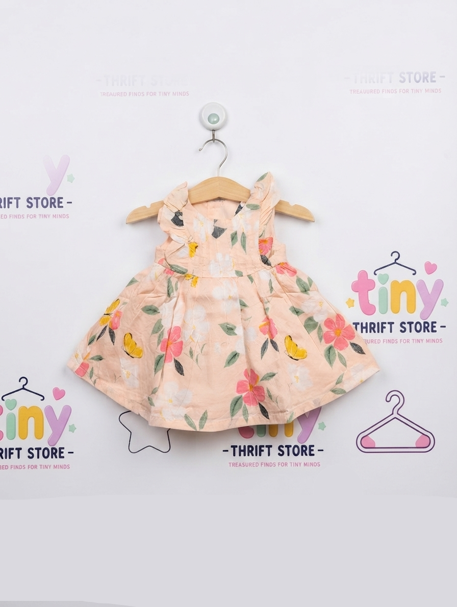 Carter's Baby Girls Peach Floral & Butterfly Ruffle Dress - Size Estimated Age 3 Months AB2