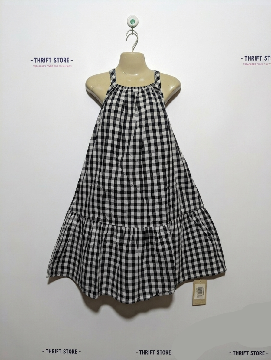 George Girls Black and White Gingham Tiered Dress - Size Estimated Age 6-7 Years AB2