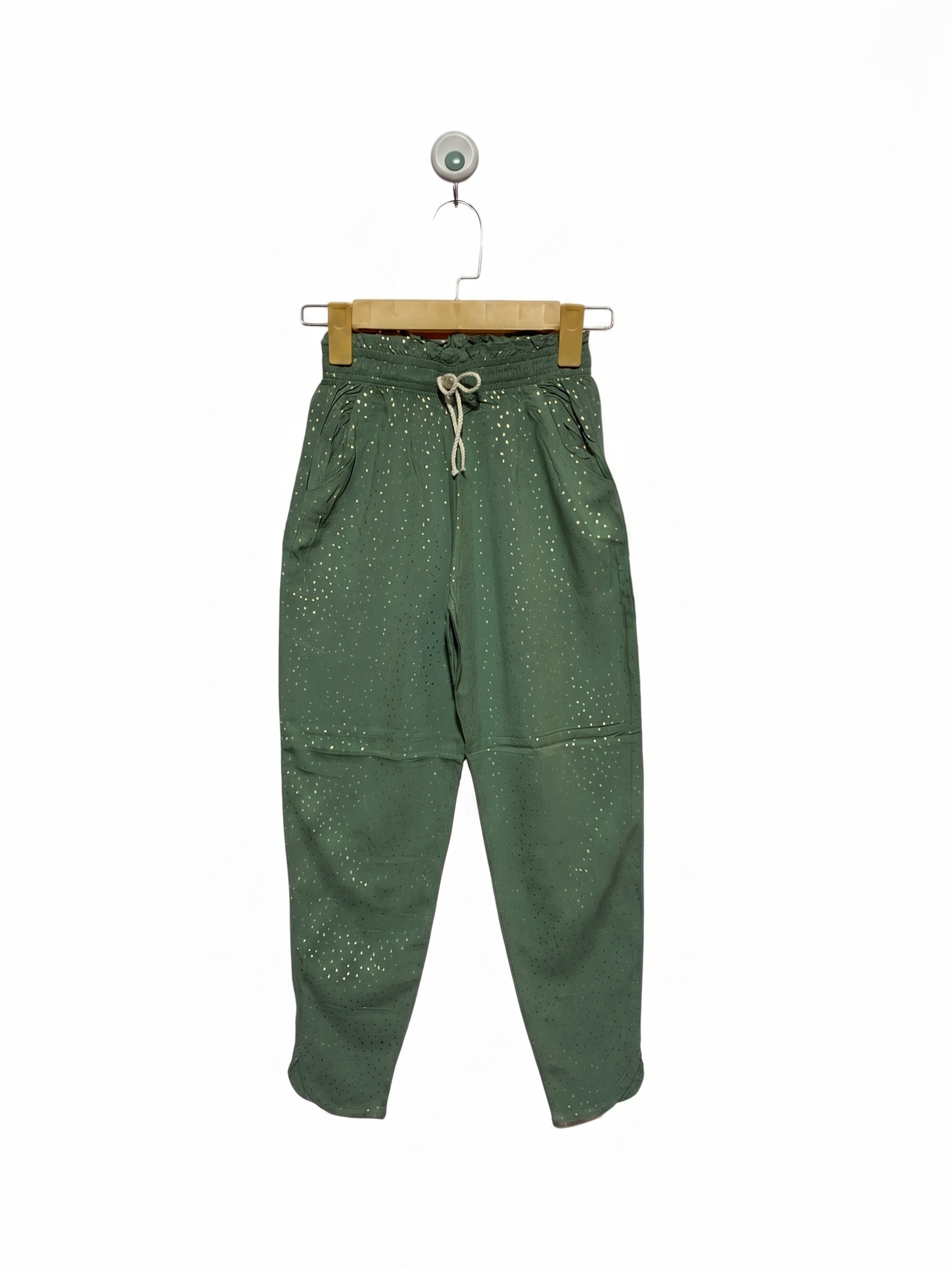 H&M Girls Khaki Green Gold-Spotted Woven Joggers - Size Estimated Age 8-9 Years AB1