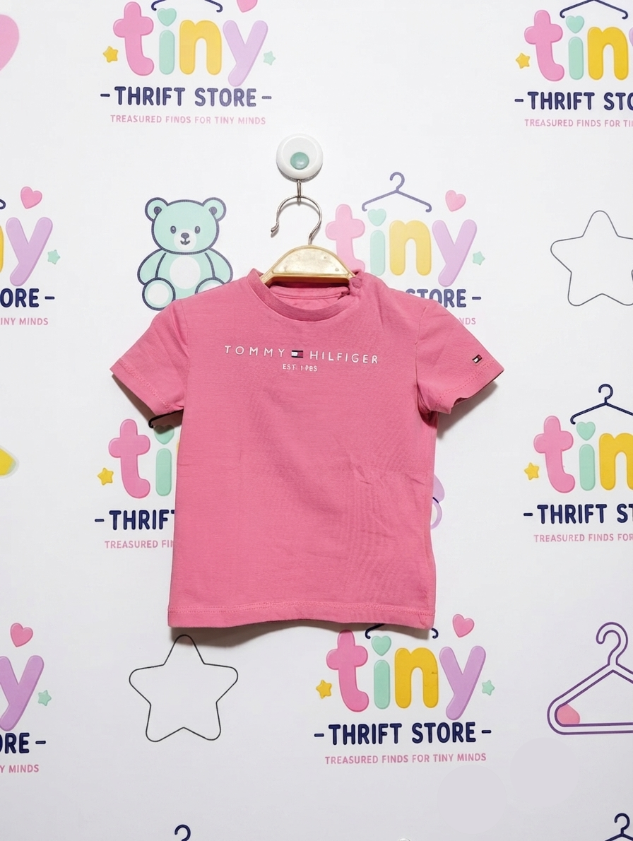 Tommy Hilfiger Baby Girls Pink "EST. 1985" Logo Short Sleeve Tee - Size Estimated Age 6-9 Months AB2