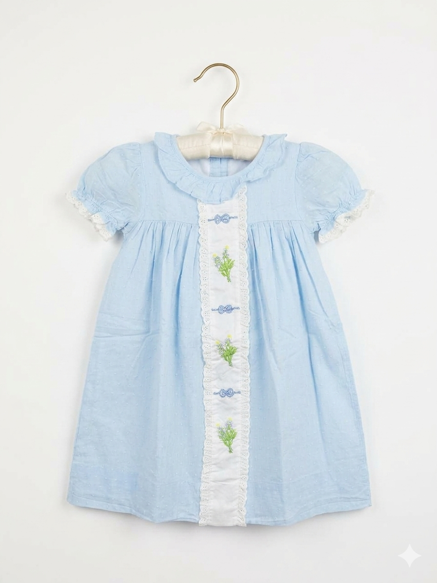 Smockingbird Girls' Blue Swiss Dot Floral Embroidered Dress - Size 5 AB1