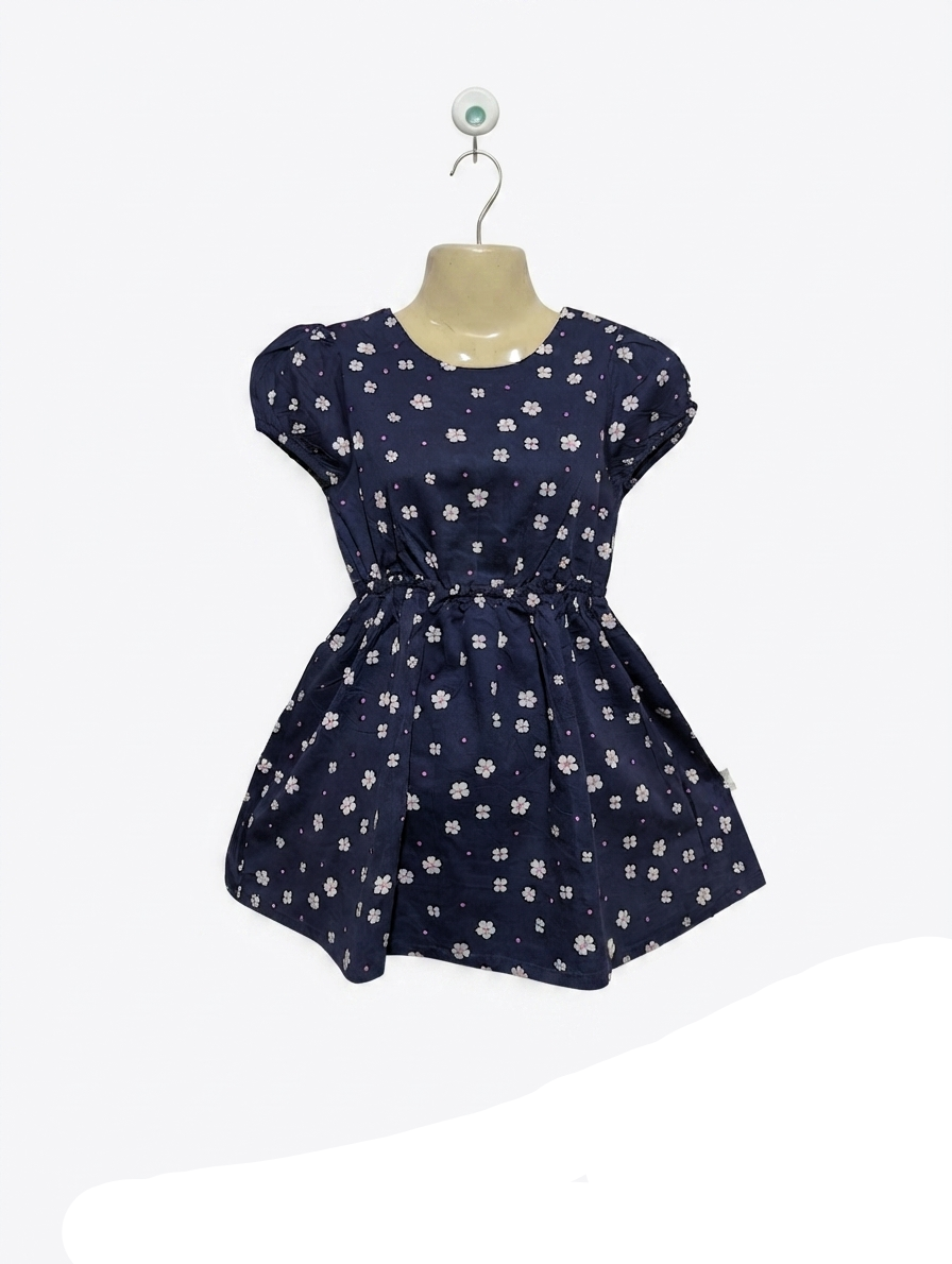 Little Kids Girls Navy Blue Floral Print Dress - Size Estimated Age 8-9 Years AB2
