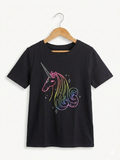 Cat & Jack Girls' Black Rainbow Unicorn Graphic Tee - Size M (7/8) Estimated Age 7-8 Years AB1