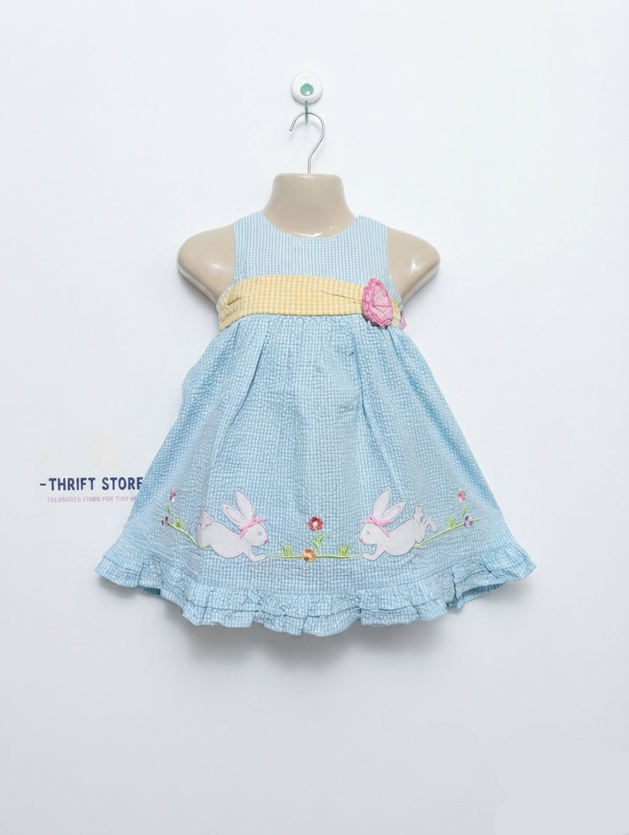 Good Lad Girls Light Blue Gingham & Bunny Embroidered Dress - Size 4T Estimated Age 4 Years AB2