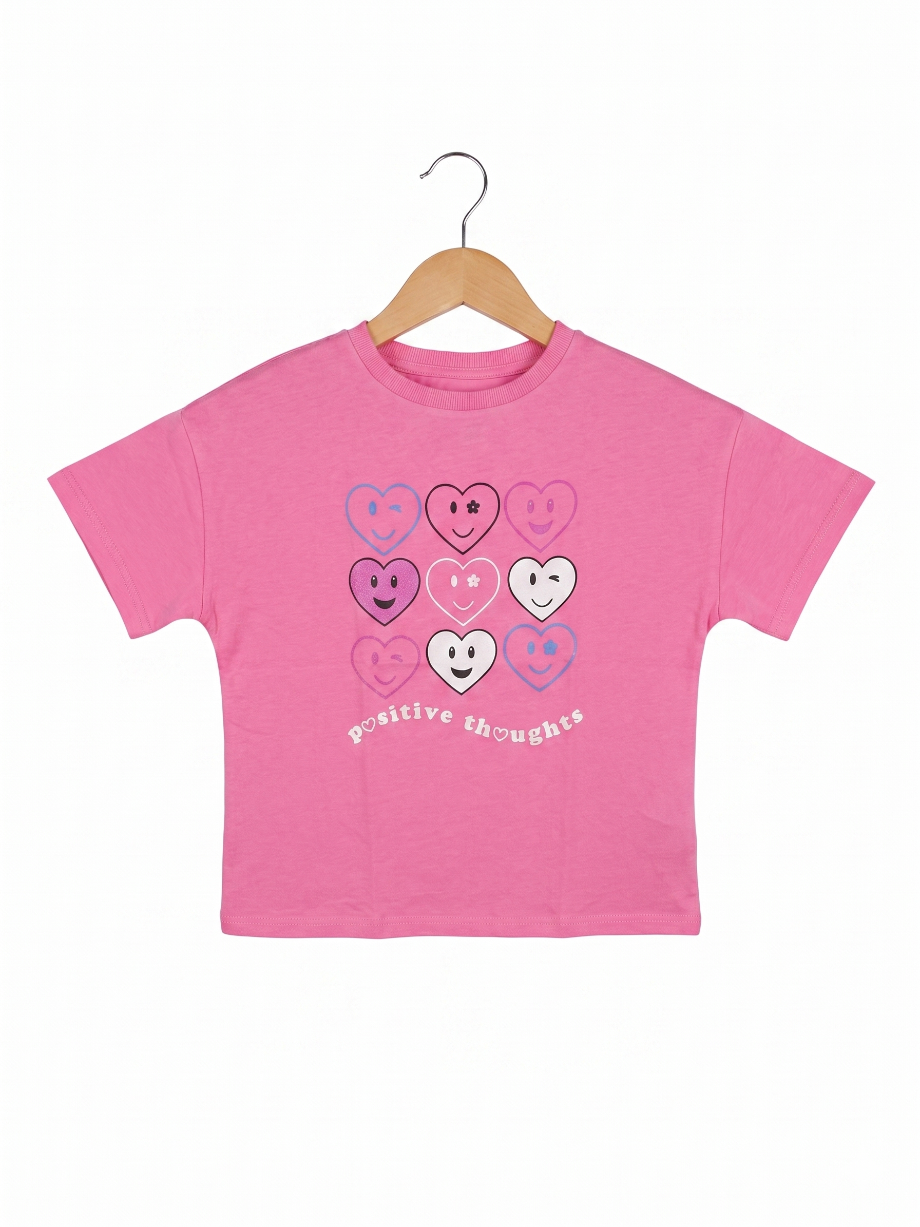 M&S Originals Girls Pink "Positive Thoughts" Heart Emoji Graphic Tee - Size Estimated Age 8-9 Years AB1