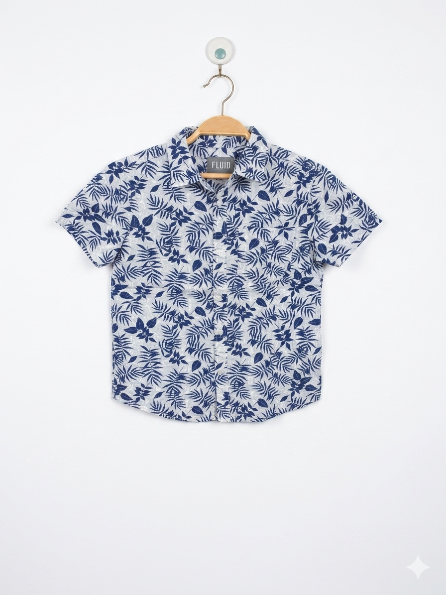 Fluid Boys White & Navy "Botanical Fern" Short Sleeve Button-Down - Size 7-8 Years AB1