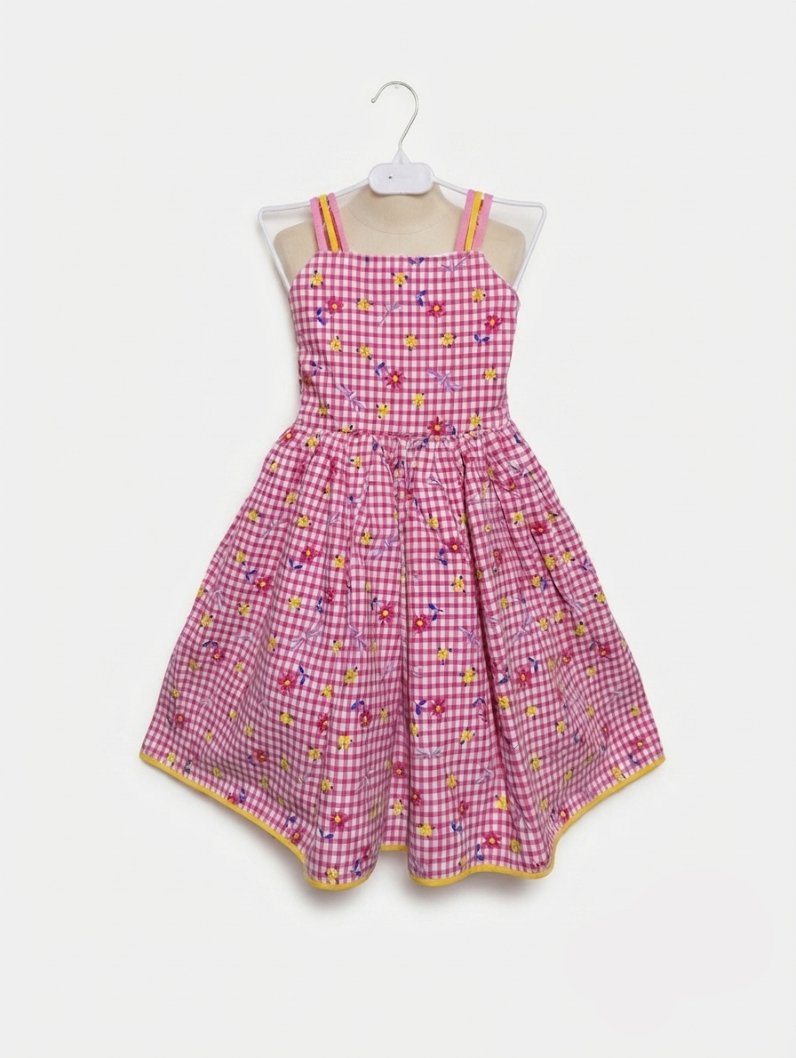 Girls Pink and White Gingham Floral Sundress - Estimated Age 5-6 Years AB2