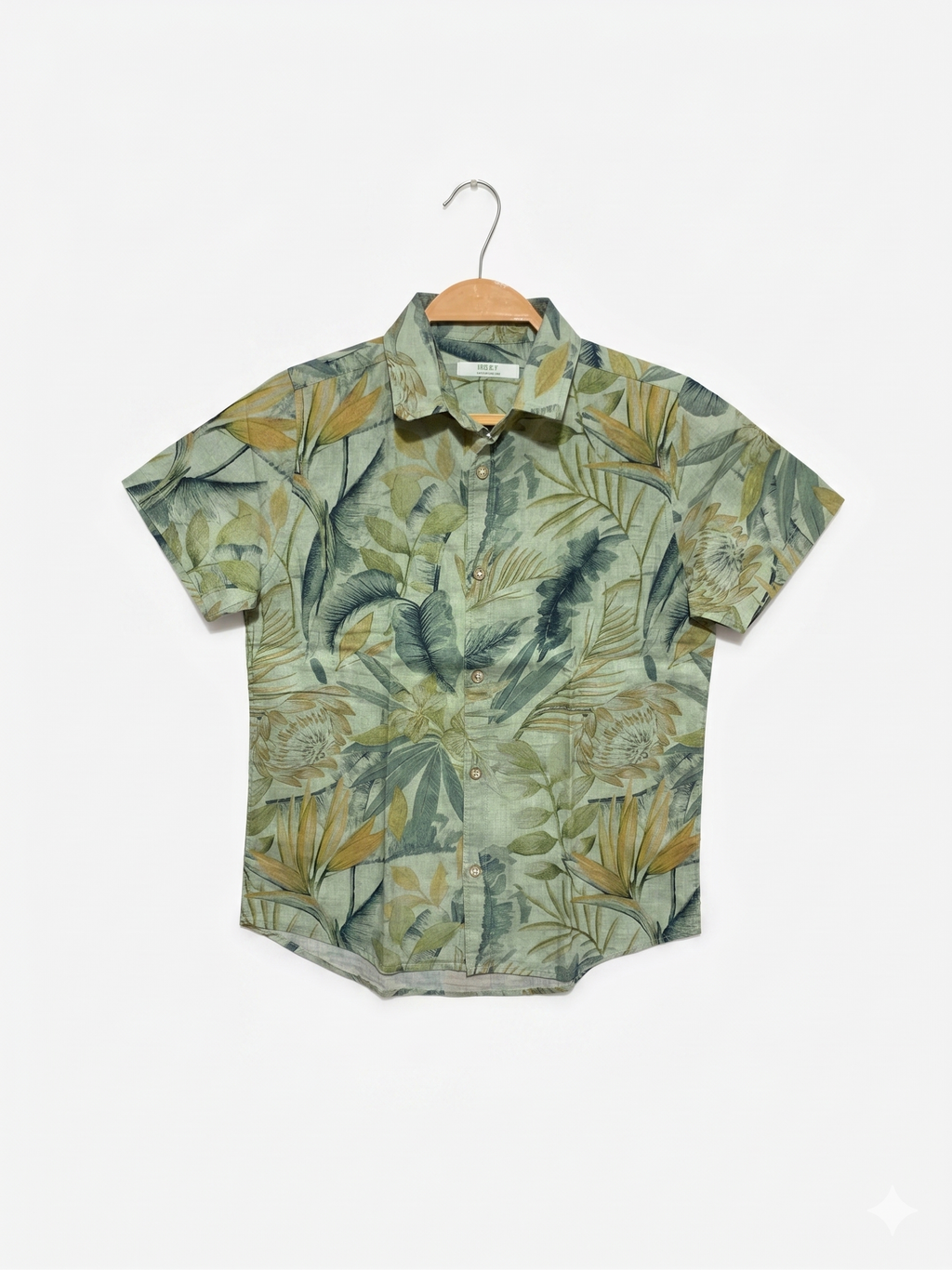 Next Boys Sage Green "Linen-Cotton" Tropical Botanical Short Sleeve Shirt - Size Estimated Age 9 Years AB1