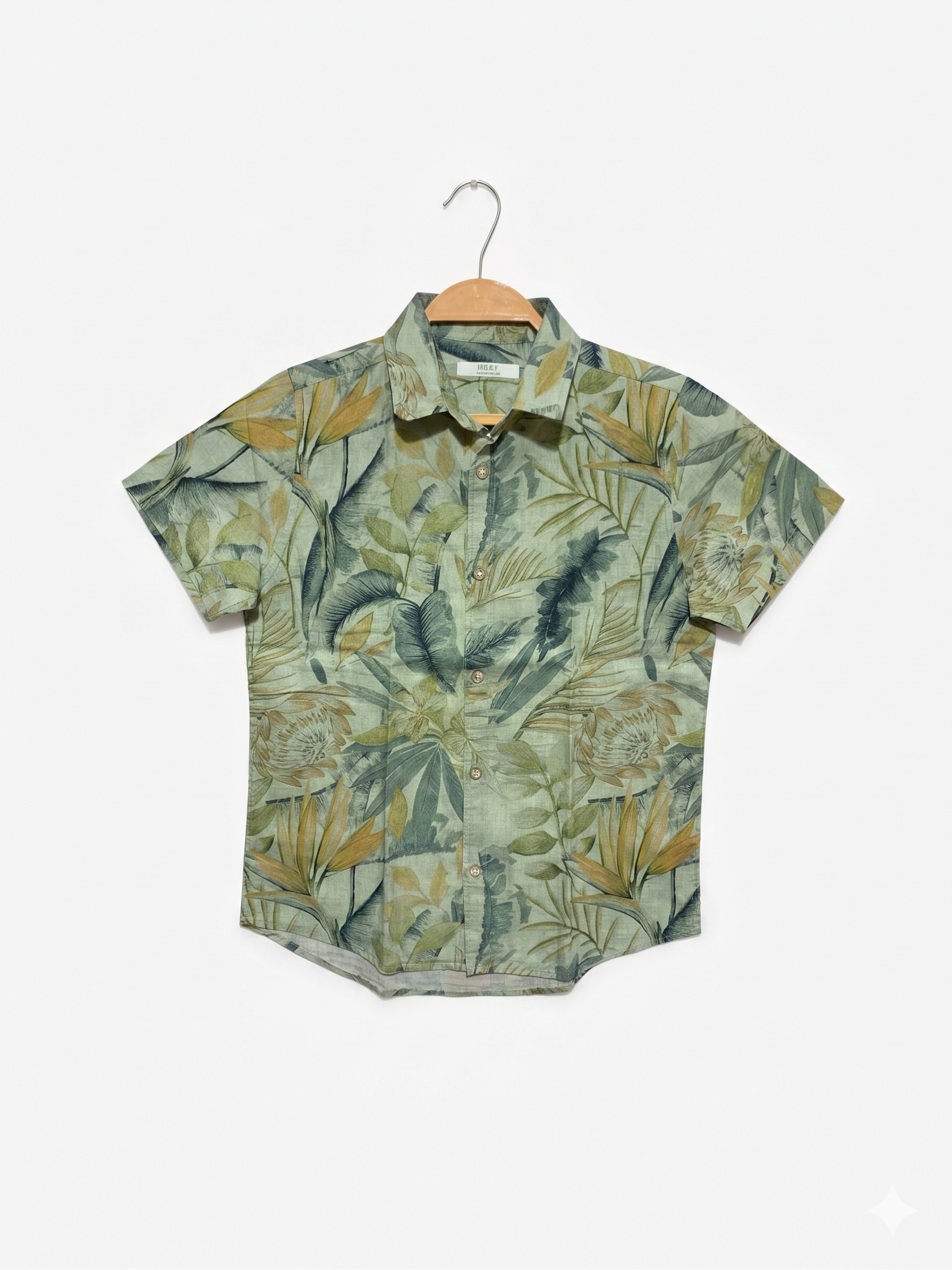 Next Boys Sage Green "Linen-Cotton" Tropical Botanical Short Sleeve Shirt - Size Estimated Age 9 Years AB1