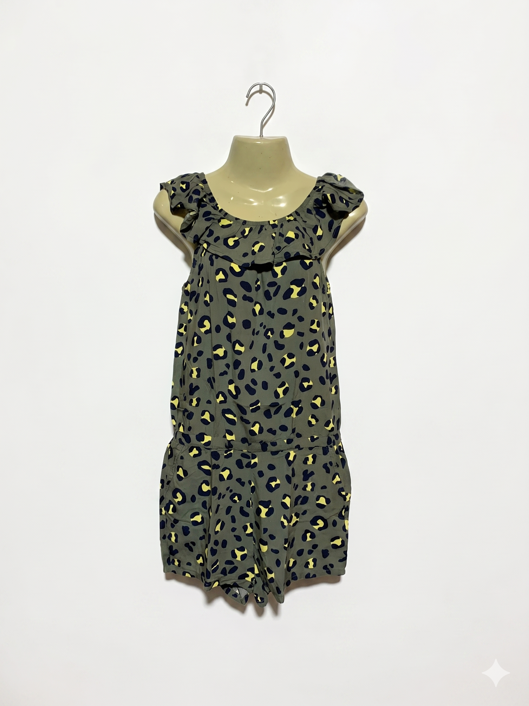 HEMA Girls Olive Green Abstract Leopard Print Ruffled Romper - Size 146/152 (Estimated Age 10-12 Years) AB1