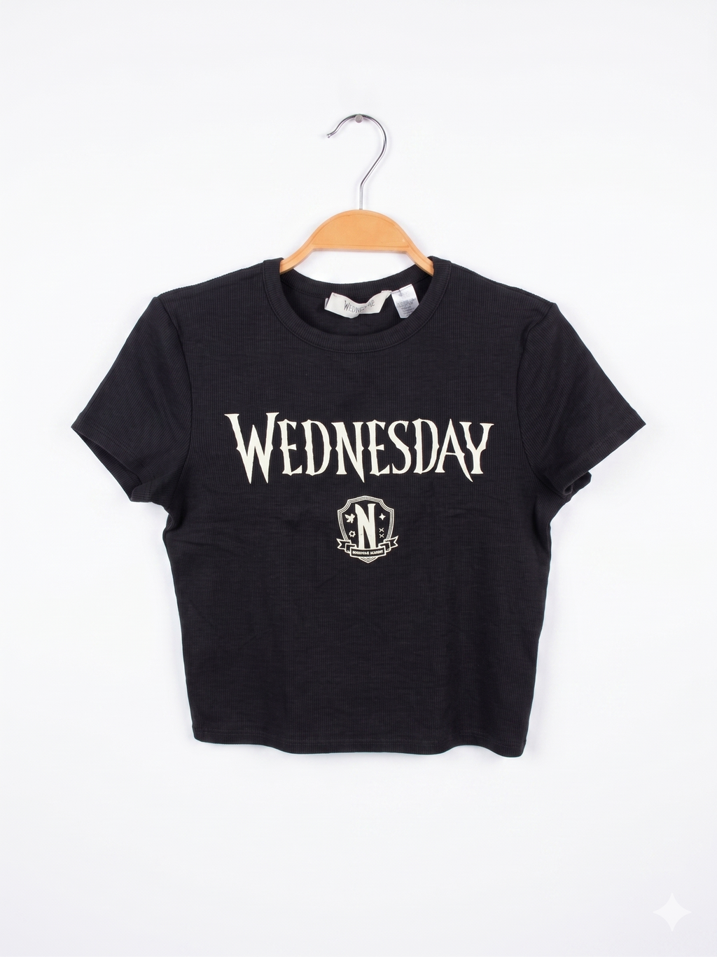 H&M Girls Charcoal Black "Wednesday" Nevermore Academy Ribbed Crop Tee - Size 170 CM Estimated Age 14+ Years AB1
