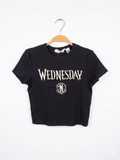 H&M Girls Charcoal Black "Wednesday" Nevermore Academy Ribbed Crop Tee - Size 170 CM Estimated Age 14+ Years AB1