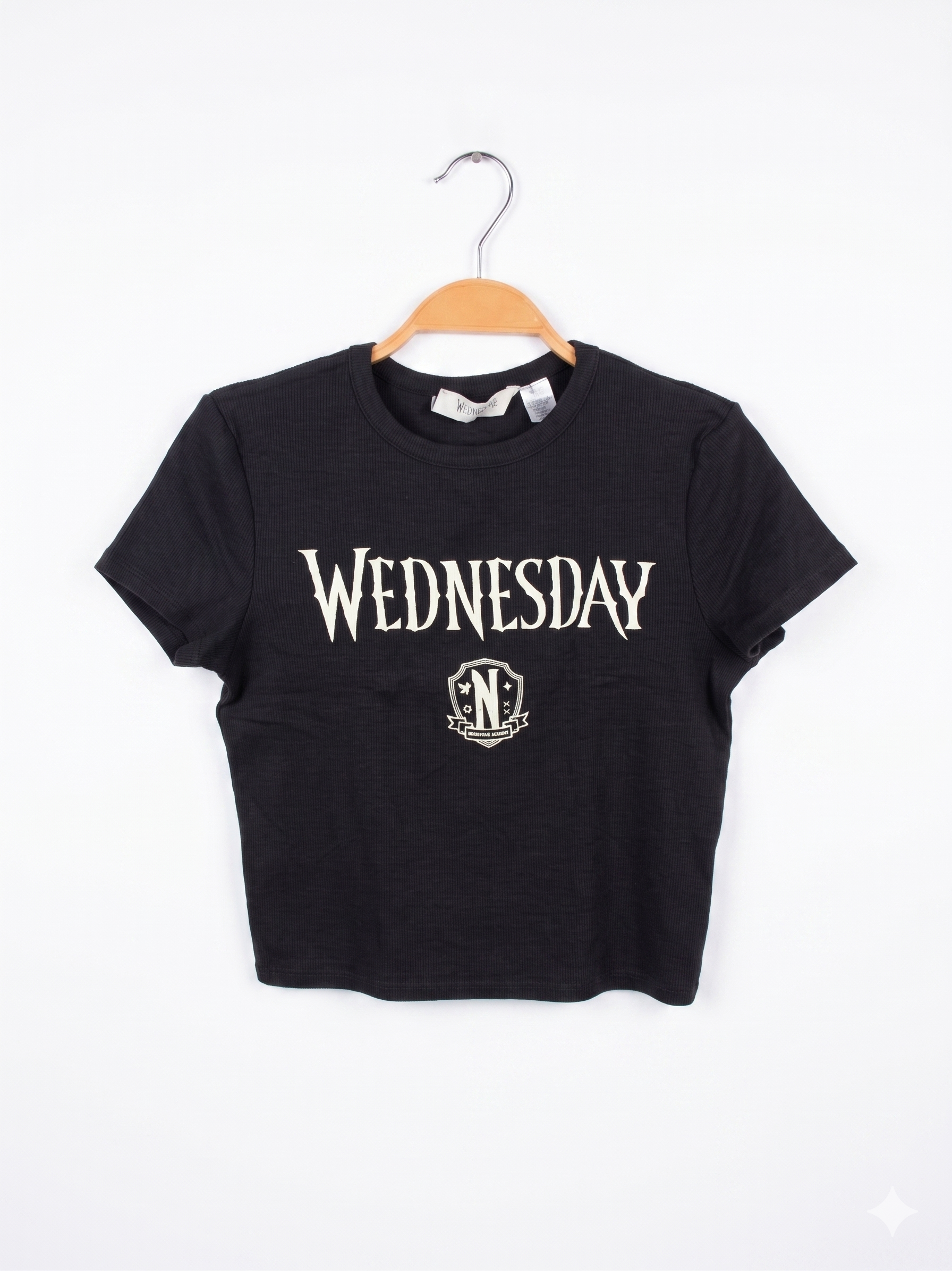 H&M Girls Charcoal Black "Wednesday" Nevermore Academy Ribbed Crop Tee - Size 170 CM Estimated Age 14+ Years AB1