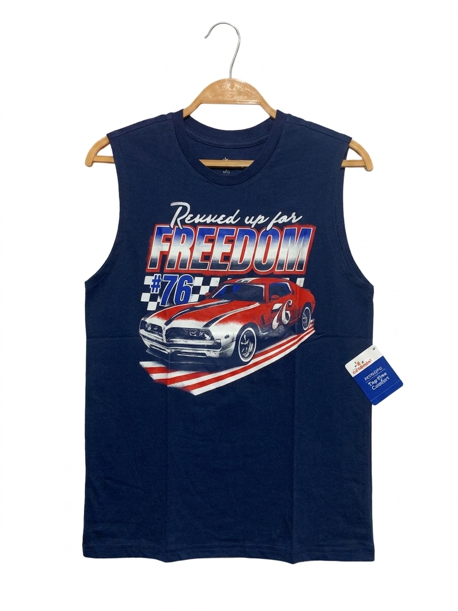 Way to Celebrate! Boys Navy Blue "Revved up for Freedom" Muscle Tank – Size (10-12) Estimated Age 10-12 Years AB1