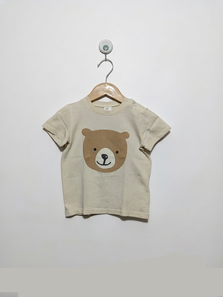 H&M Baby Boys Cream "Teddy Bear Face" Short Sleeve Tee - Size Estimated Age 12-18 Months AB2