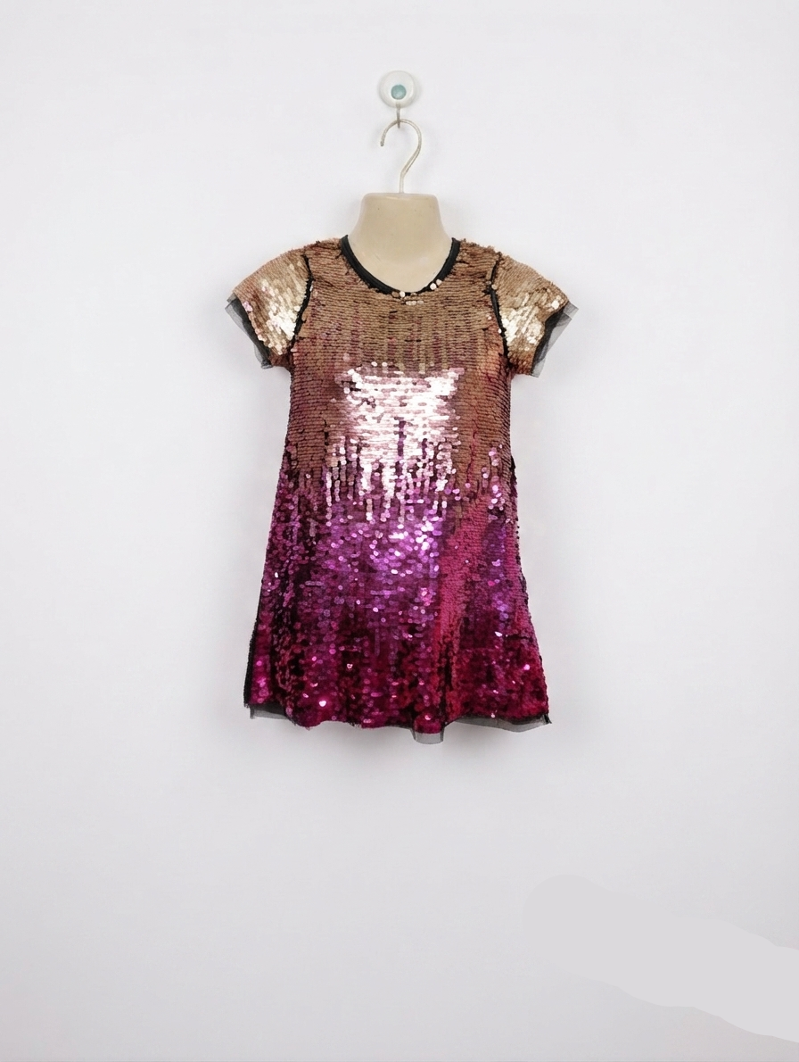 PRIMARK Premium Girls Gold to Magenta Ombre Sequin Party Dress - Size 5-6Y Estimated Age 5-6 Years AB2