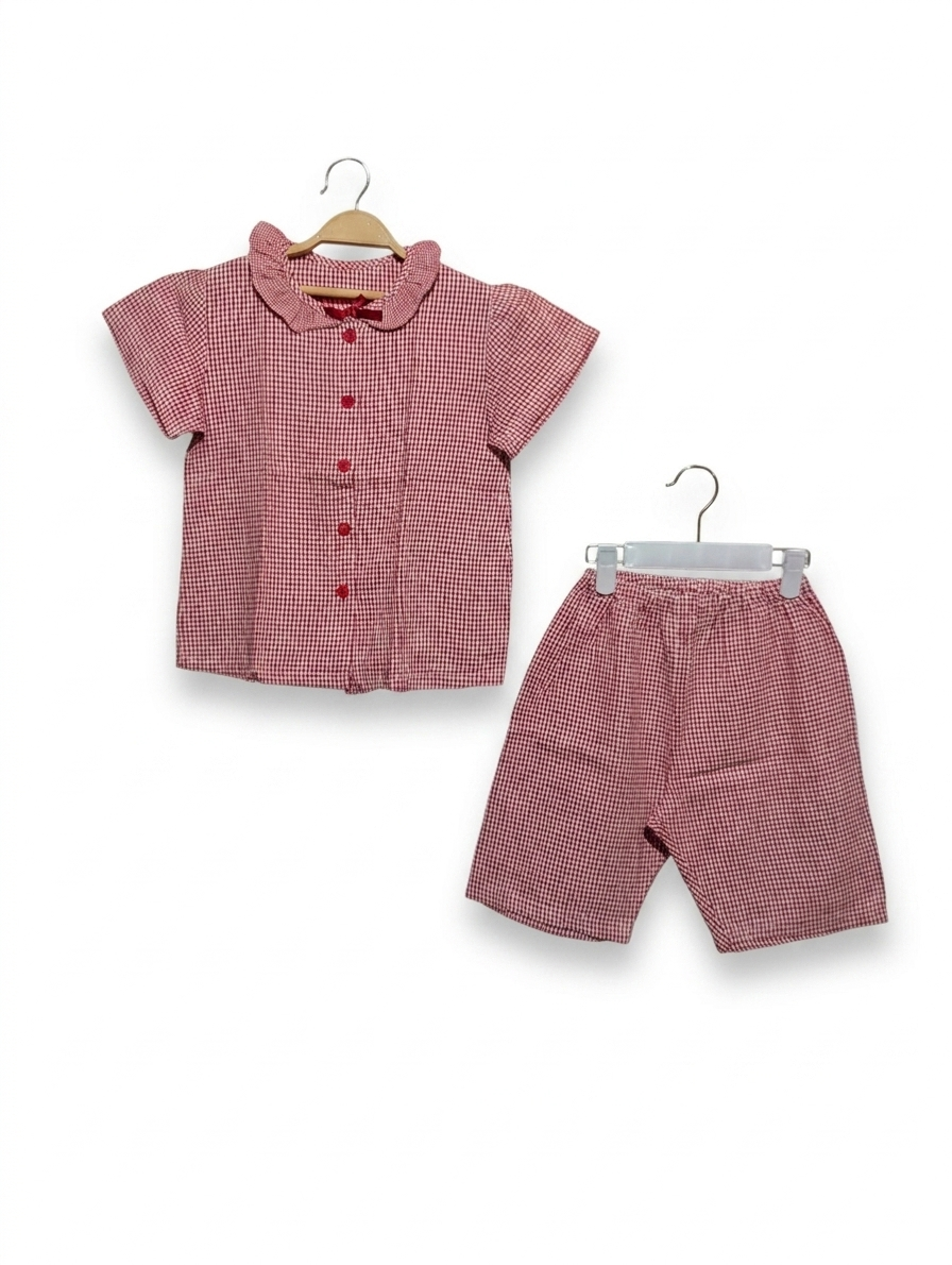 Japanese Brand Girls Red Gingham Peter Pan Collar Blouse and Shorts Set - Size 110 Estimated Age 5-6 Years AB1