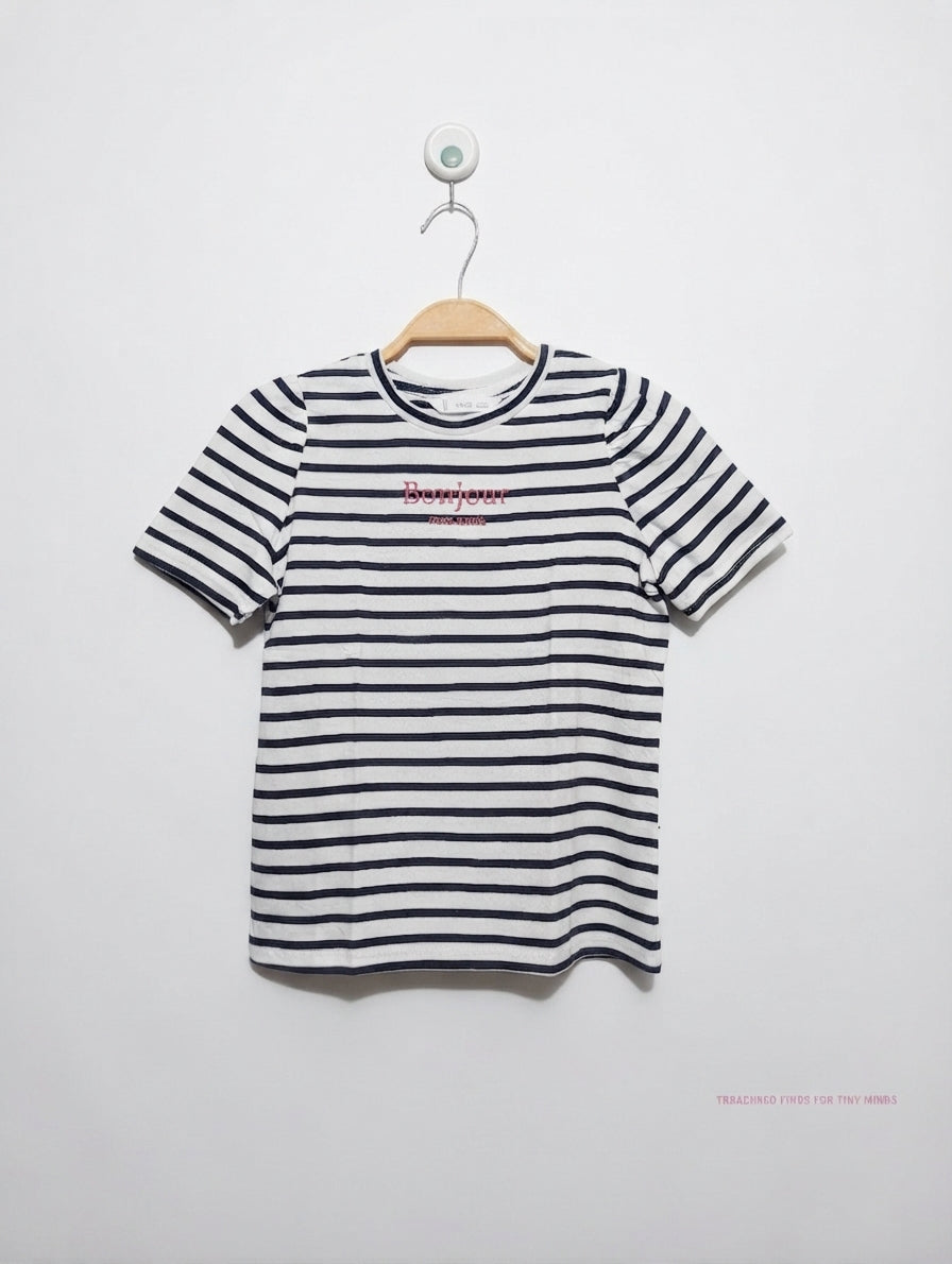 Mango Girls Navy Blue and White Striped "Bonjour" Graphic Tee - Size Estimated Age 9-10 Years AB2