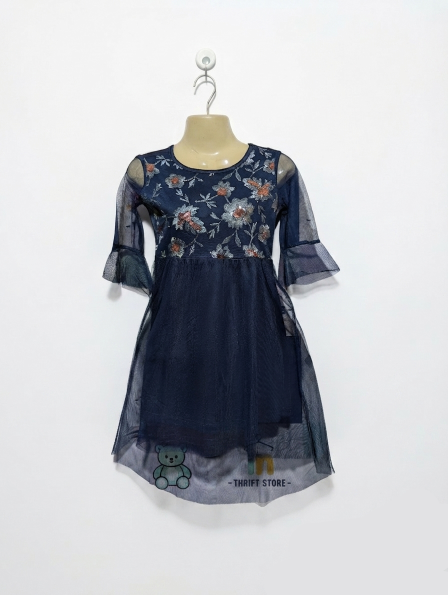 WONDER NATION Girls Navy Blue Floral Mesh Party Dress - Size S (6-6X) Estimated Age 6-7 Years AB2