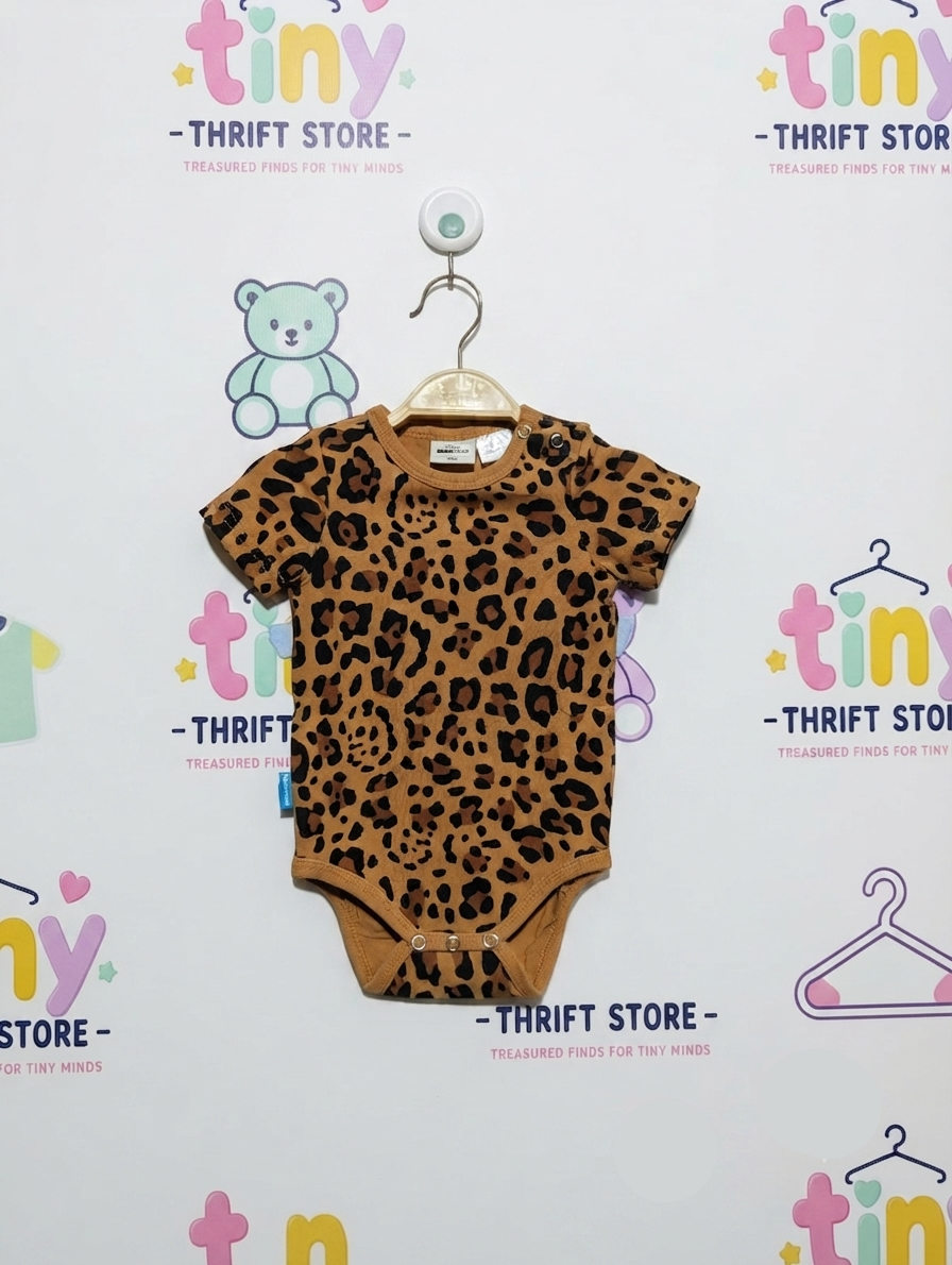 Mini Gina Tricot Baby Girls Brown Leopard Print Short Sleeve Bodysuit - Size Estimated Age 4-6 Months AB2
