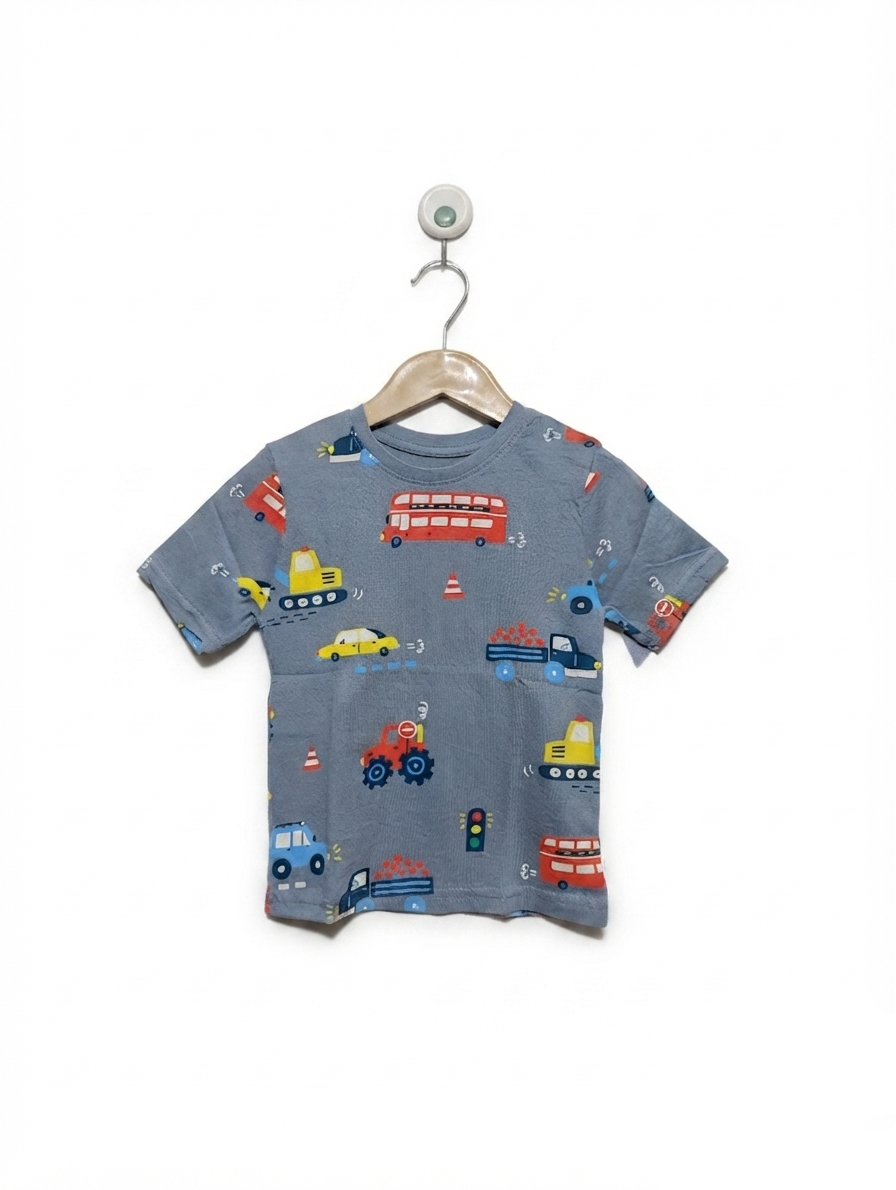 Primark Cares Boys Slate Blue "Traffic & Vehicles All-Over Print" Tee - Size Estimated Age 2-3 Years AB2