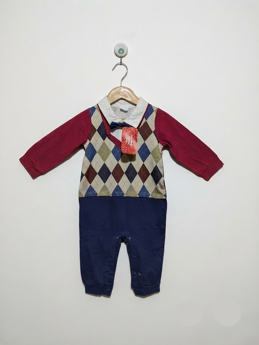 Kids Brand Baby Boys Burgundy & Navy Argyle Mock Neck Romper - Size 9-12M Estimated Age 9-12 Months AB2