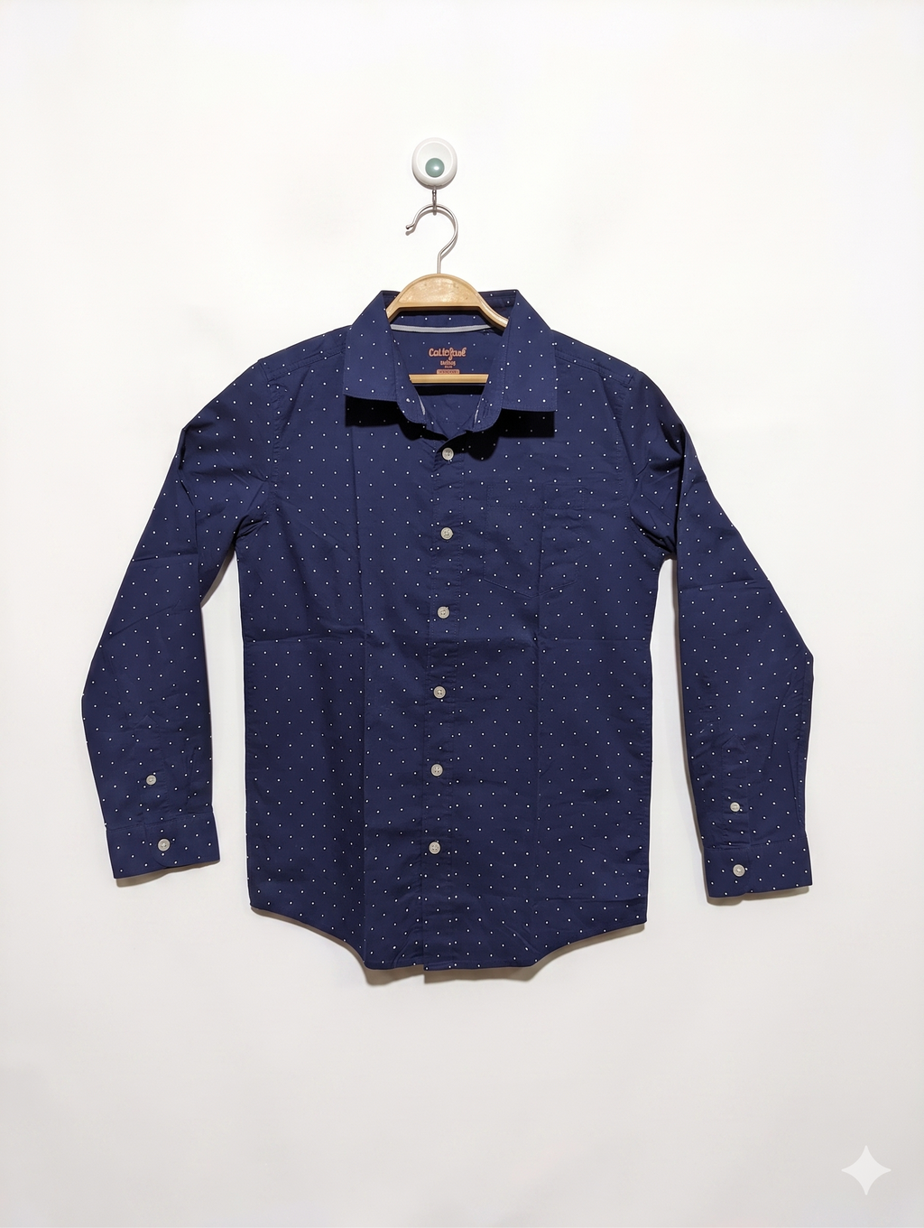 Cat & Jack Boys Navy Blue Polka Dot Long-Sleeve Button-Down Shirt - Size L 12/14 Years (Estimated Age 12-14) AB1