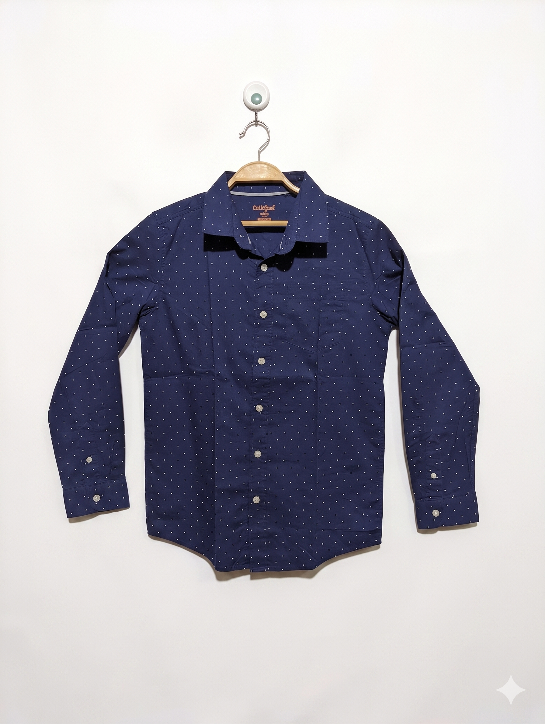 Cat & Jack Boys Navy Blue Polka Dot Long-Sleeve Button-Down Shirt - Size L 12/14 Years (Estimated Age 12-14) AB1