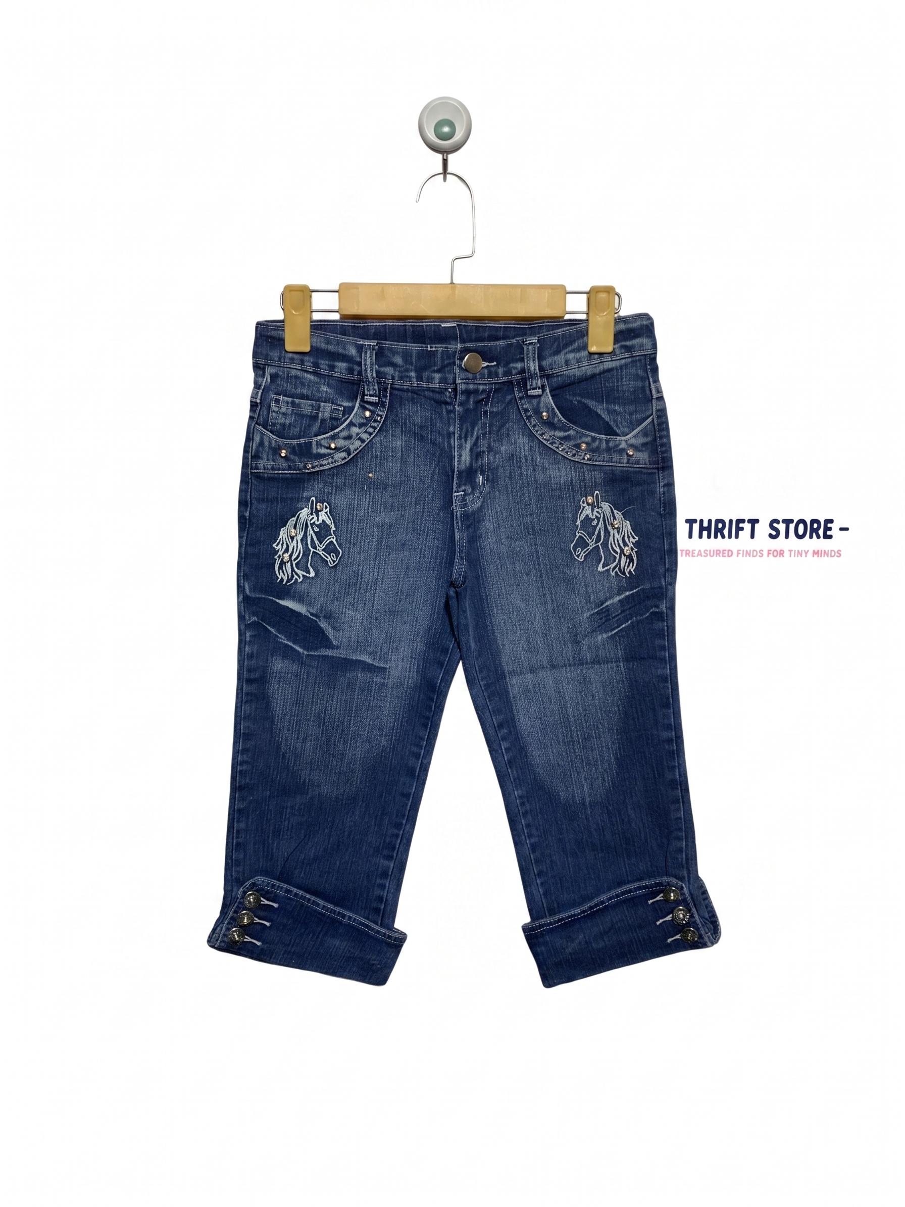 Huang Rong Girls Embroidered Horse Denim Capri Jeans - Size 12 AB1