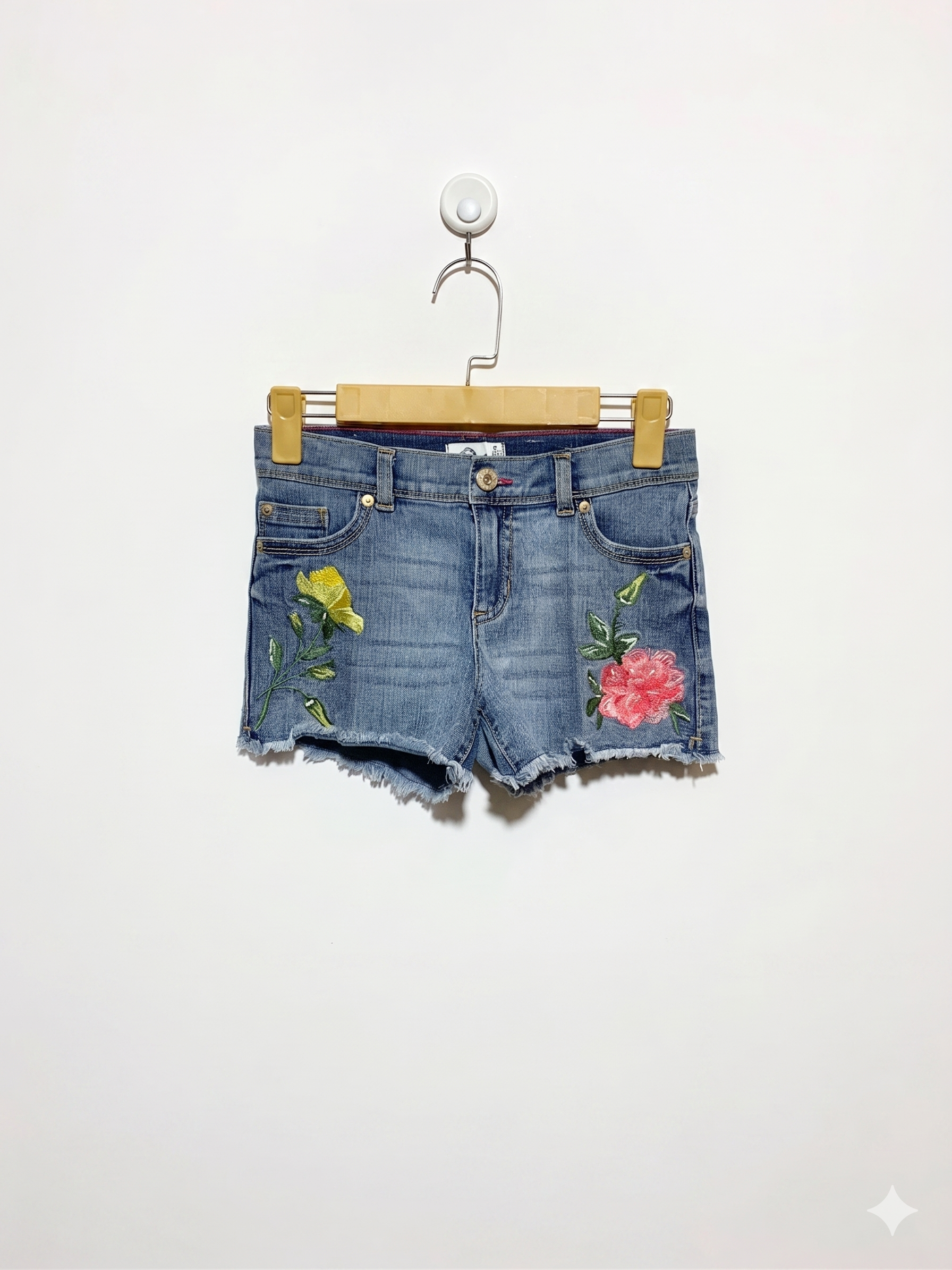 Jordache Girls Medium Wash Floral Embroidered Frayed Denim Shorts – Size 12 (Est. Age 9-10Y) AB1