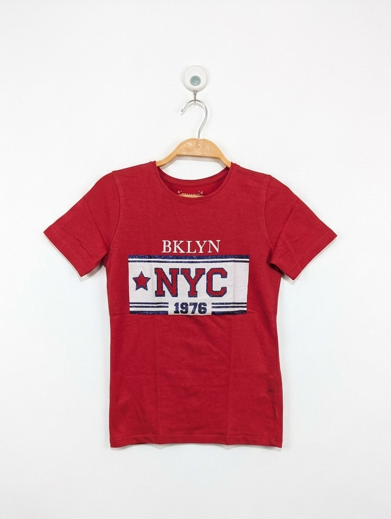 Primark Girls Red "BKLYN NYC 1976" Graphic Tee - Size 9-10 Years (Estimated Age 9-10 Years) AB2
