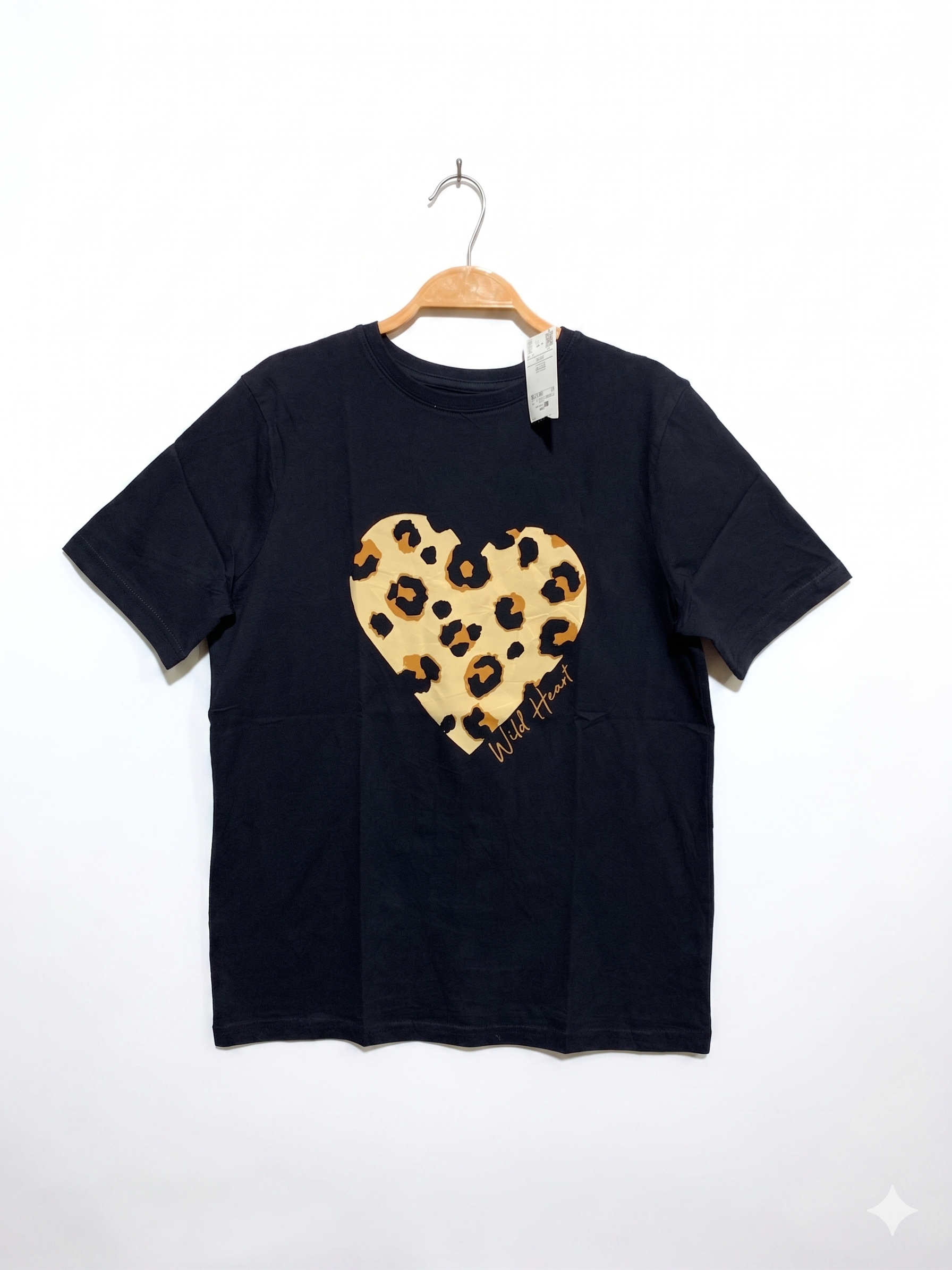 Primark Cares Girls Navy Blue "Wild Heart" Leopard Print Heart Tee - Size Estimated Age 12-13 Years AB1