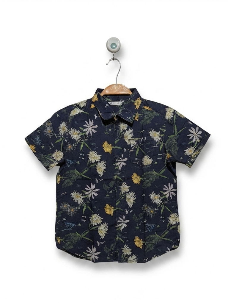 C Boys Navy Blue Floral Print Short Sleeve Button-Down Shirt - Size 128, Estimated Age 7-8 Years AB2
