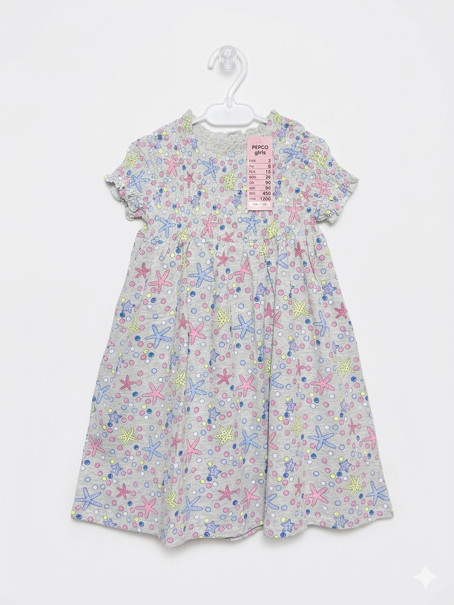 Little Kids Girls Grey "Starfish & Bubbles" Smocked Jersey Dress - Size Estimated Age 7–8 Years AB1